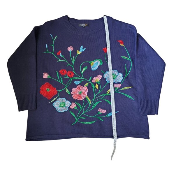 Unique Dark Blue / Nay Floral Embroidered Sweater One Size - Picture 5 of 8